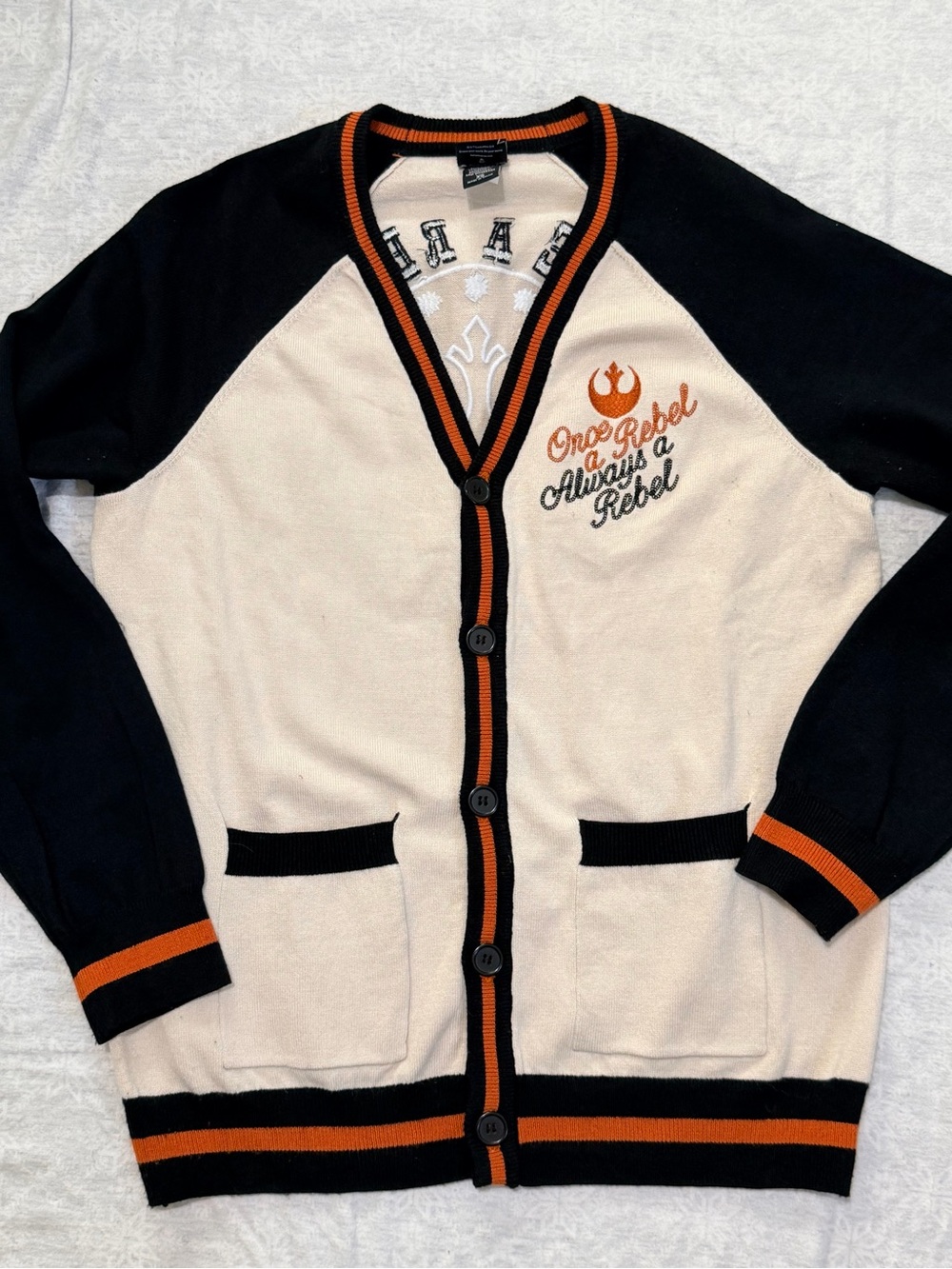 Star Wars Boxlunch rebels Cream and Black Cardigan with Orange Trim XS